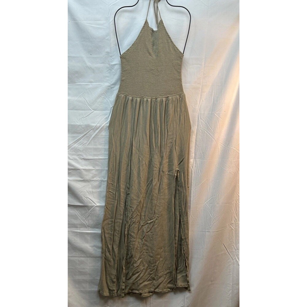 Bear Dance, Smocked Halter Maxi Dress M Tope Khaki Crinkle Gauze, Boho Festival